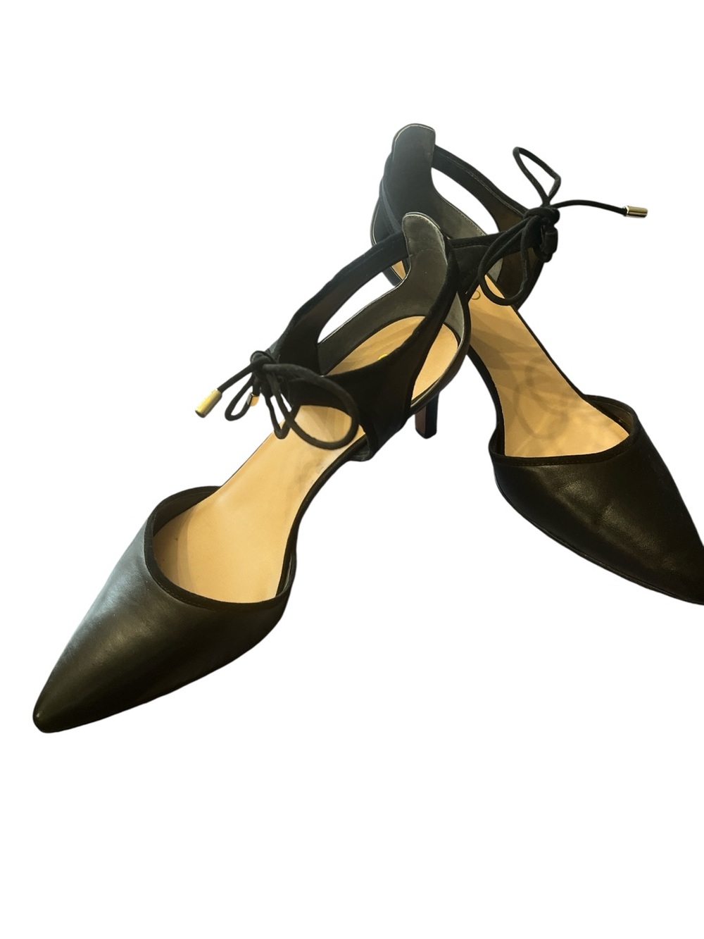 Franco Sarto Black Pointed-Toe Ankle Tie Kitten Heels